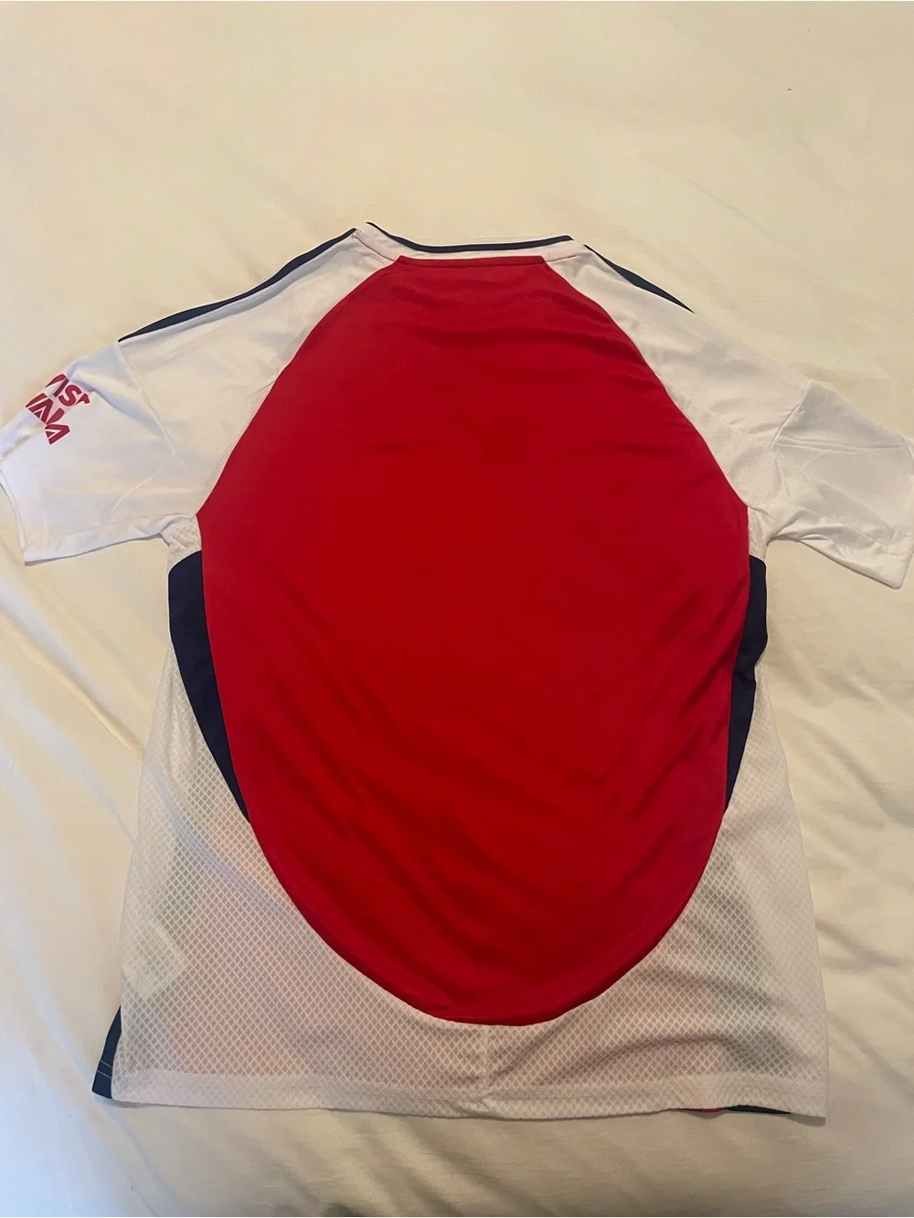 Adidas Red and White Arsenal Football Jersey with navy accents.